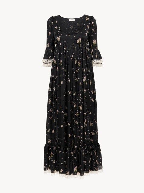 Vestido midi con cuello redondo de seda charmeuse y encaje