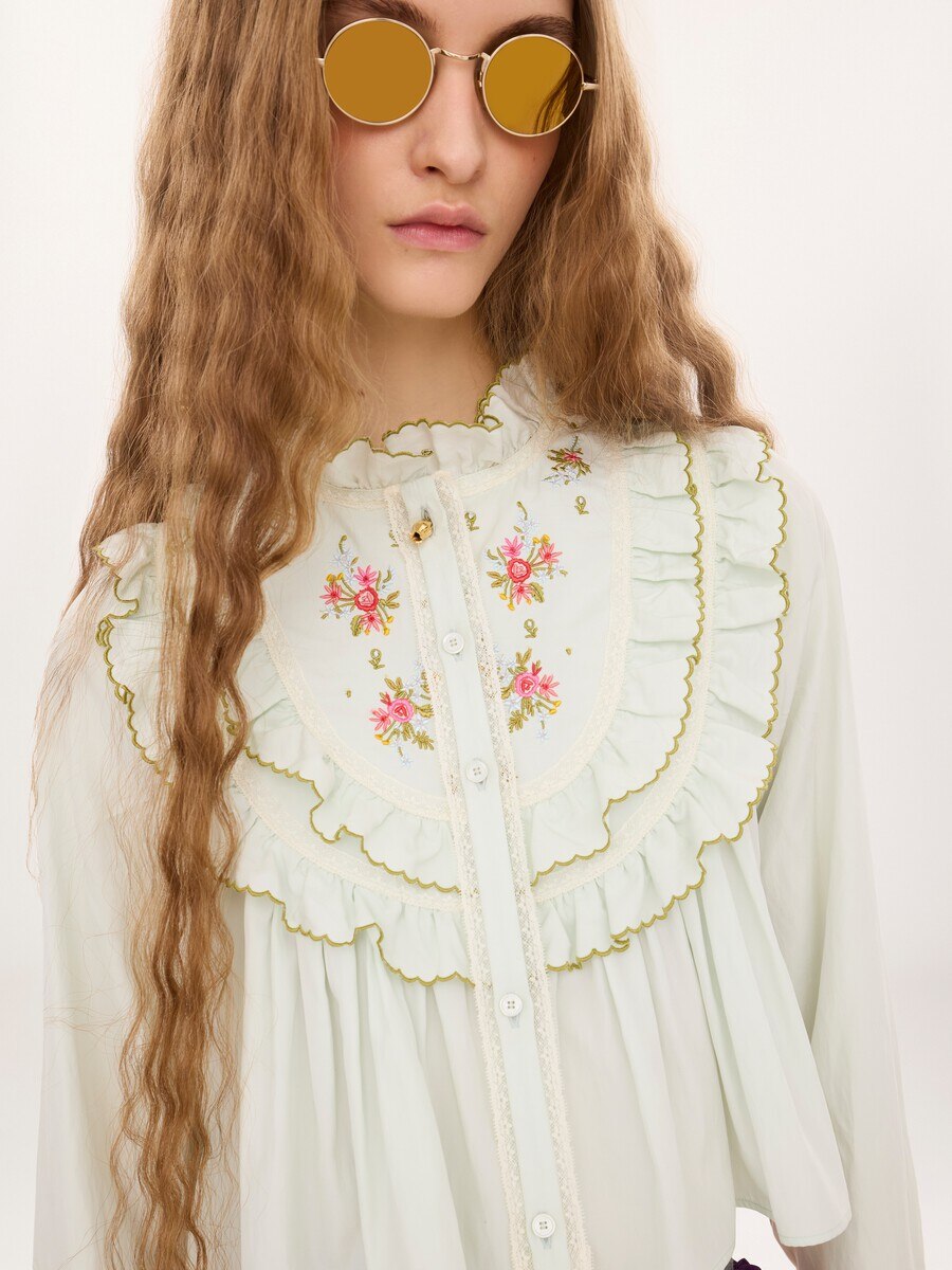 Blouse courte &agrave; volants en popeline de soie et coton - 6