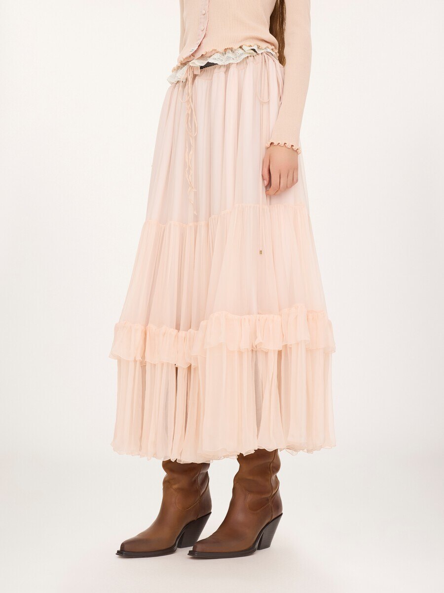 Ruffled long skirt in silk mousseline - 4