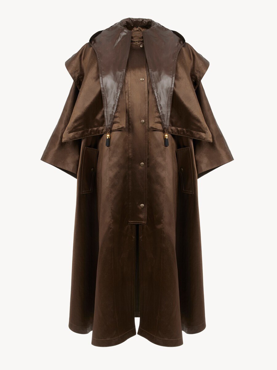 Hooded long cape coat in satin - 2