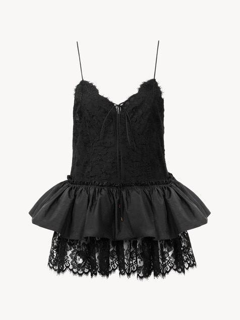Thin-strap ruffle top in technical taffeta & lace