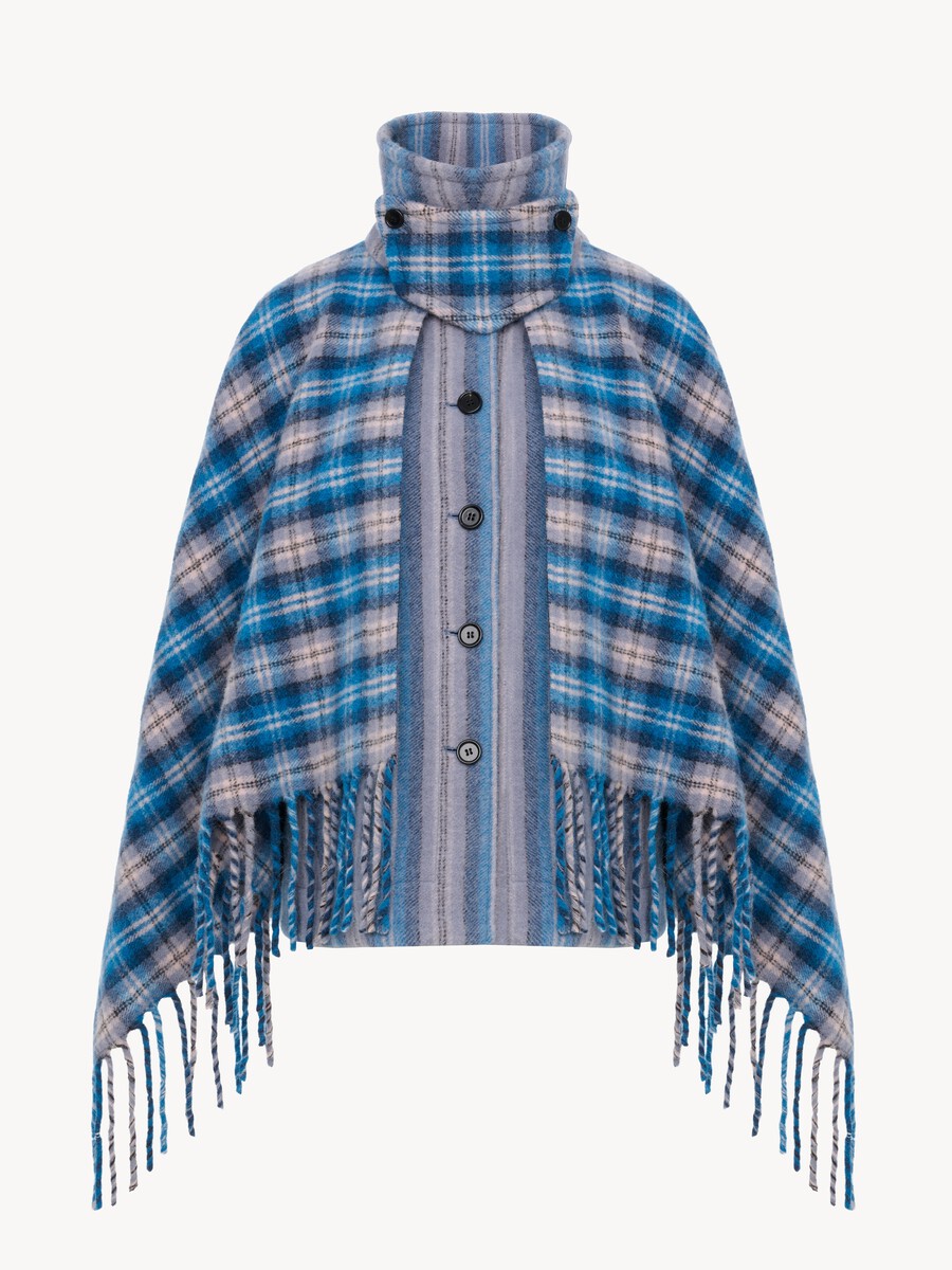 High-neck short cape coat in check wool & alpaca - 2