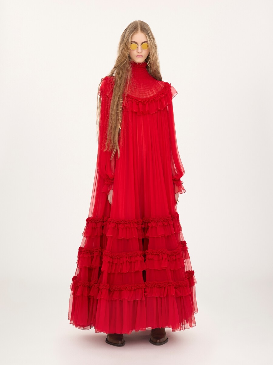 High-neck ruffled long dress in silk mousseline - 3