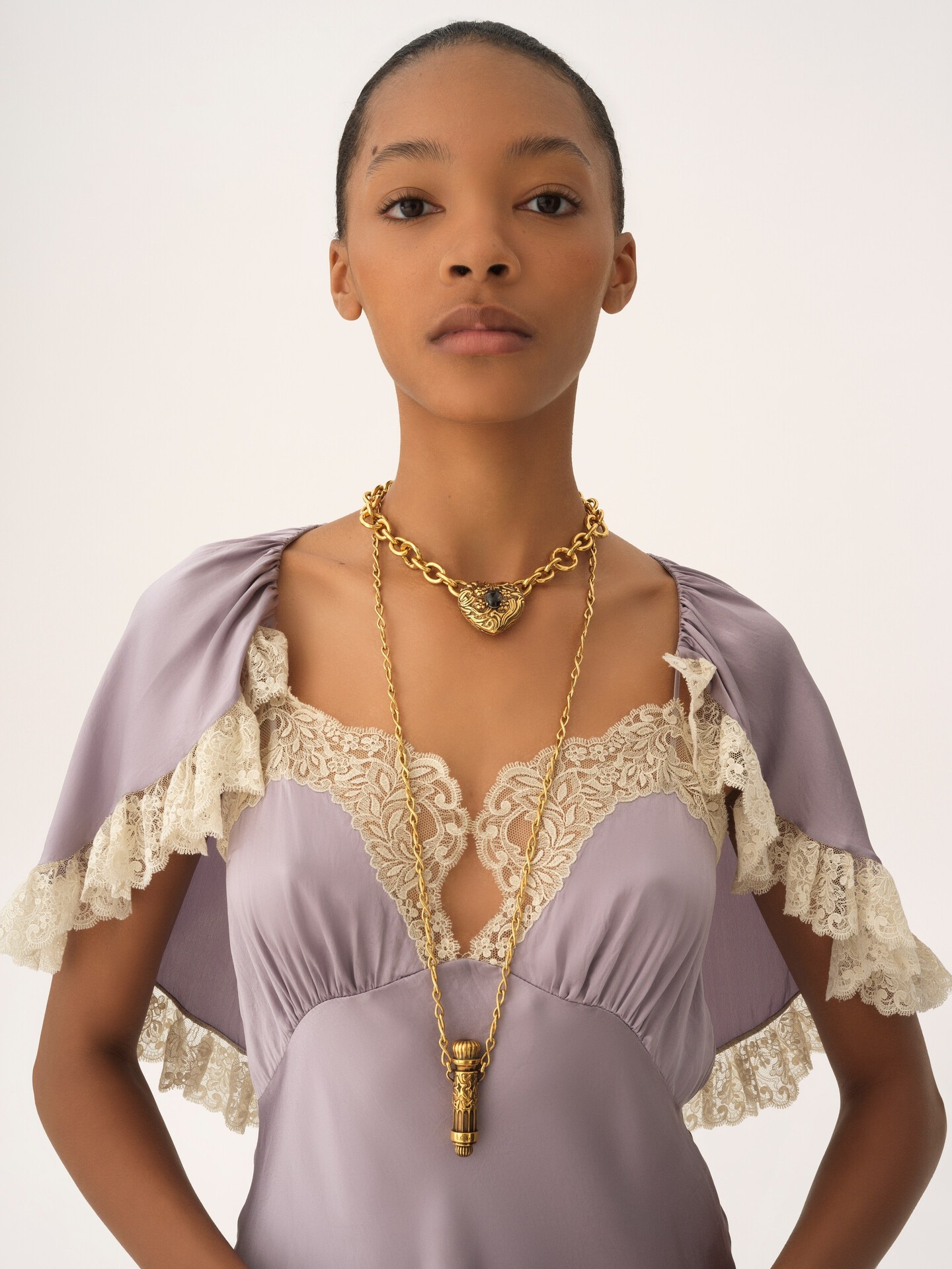 Mini cape dress in washed silk satin & lace - 6