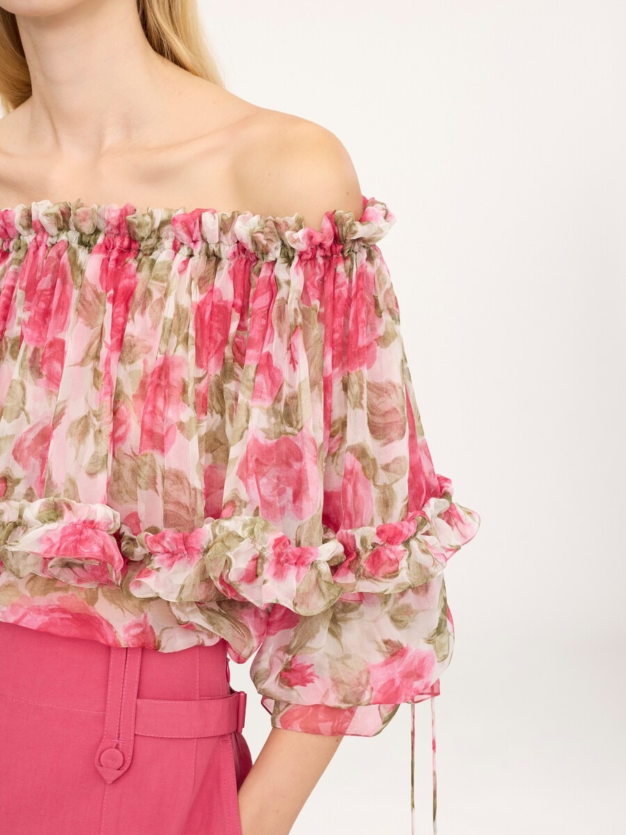 Off-the-shoulder puff-sleeve top in silk mousseline - 6