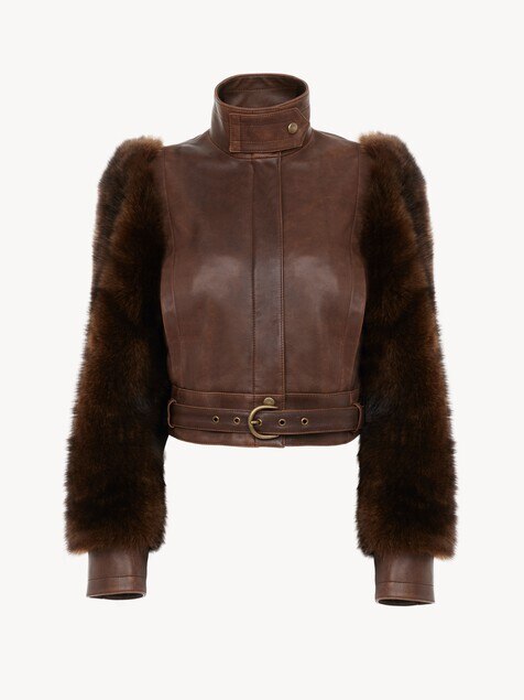 High-neck short jacket in leather