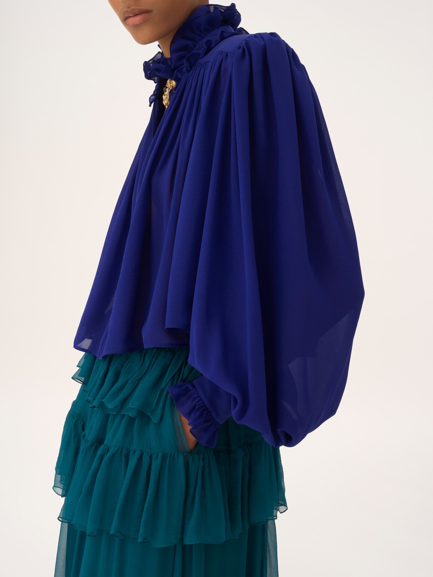 Maxi gathered high-neck top in silk georgette - 8