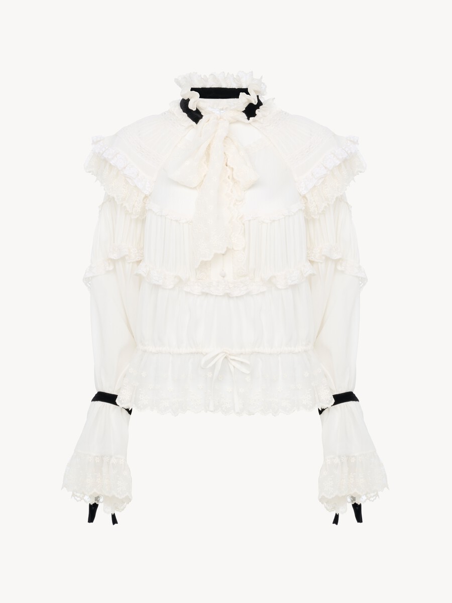 Tie-front ruffle top in silk mousseline & lace - 2