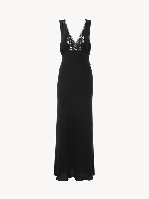 Robe colonne sans manches en soie jacquard et dentelle