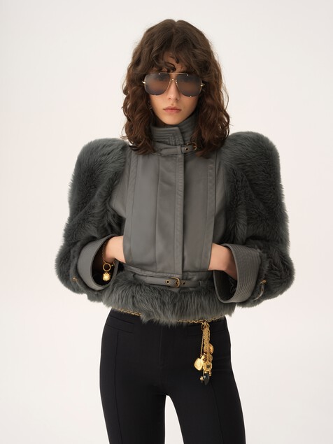 High-neck hybrid jacket in leather