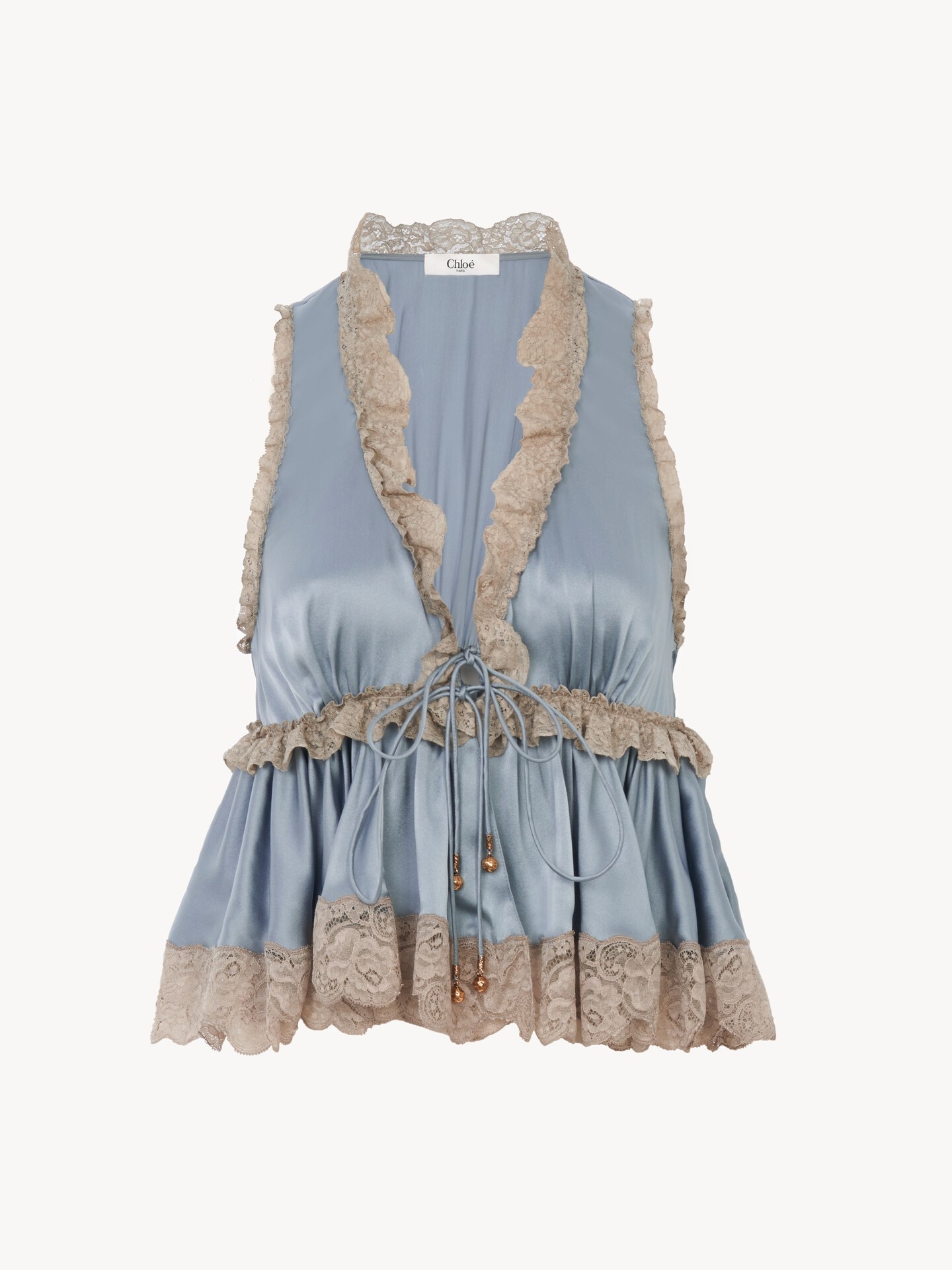Tie-front sleeveless top in washed silk satin & lace - 2.0