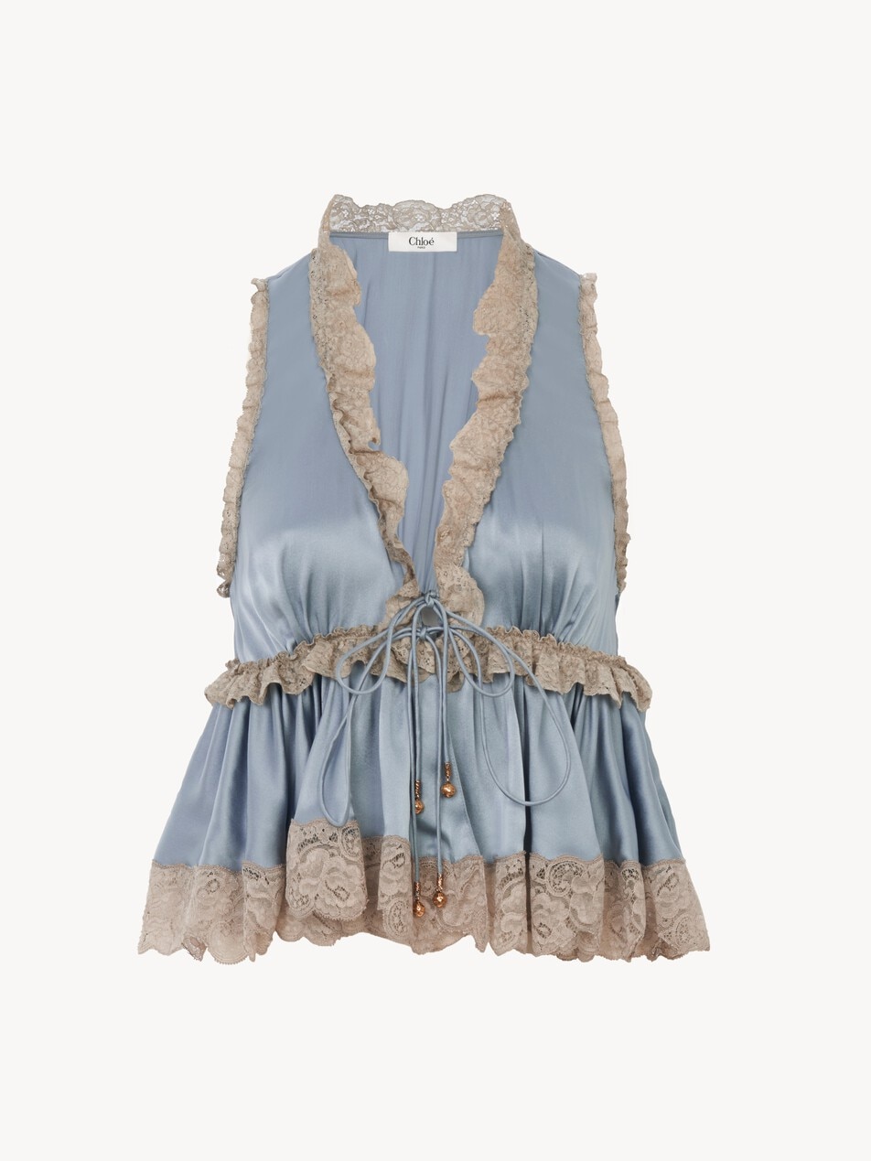 Tie-front sleeveless top in washed silk satin & lace - Packshot