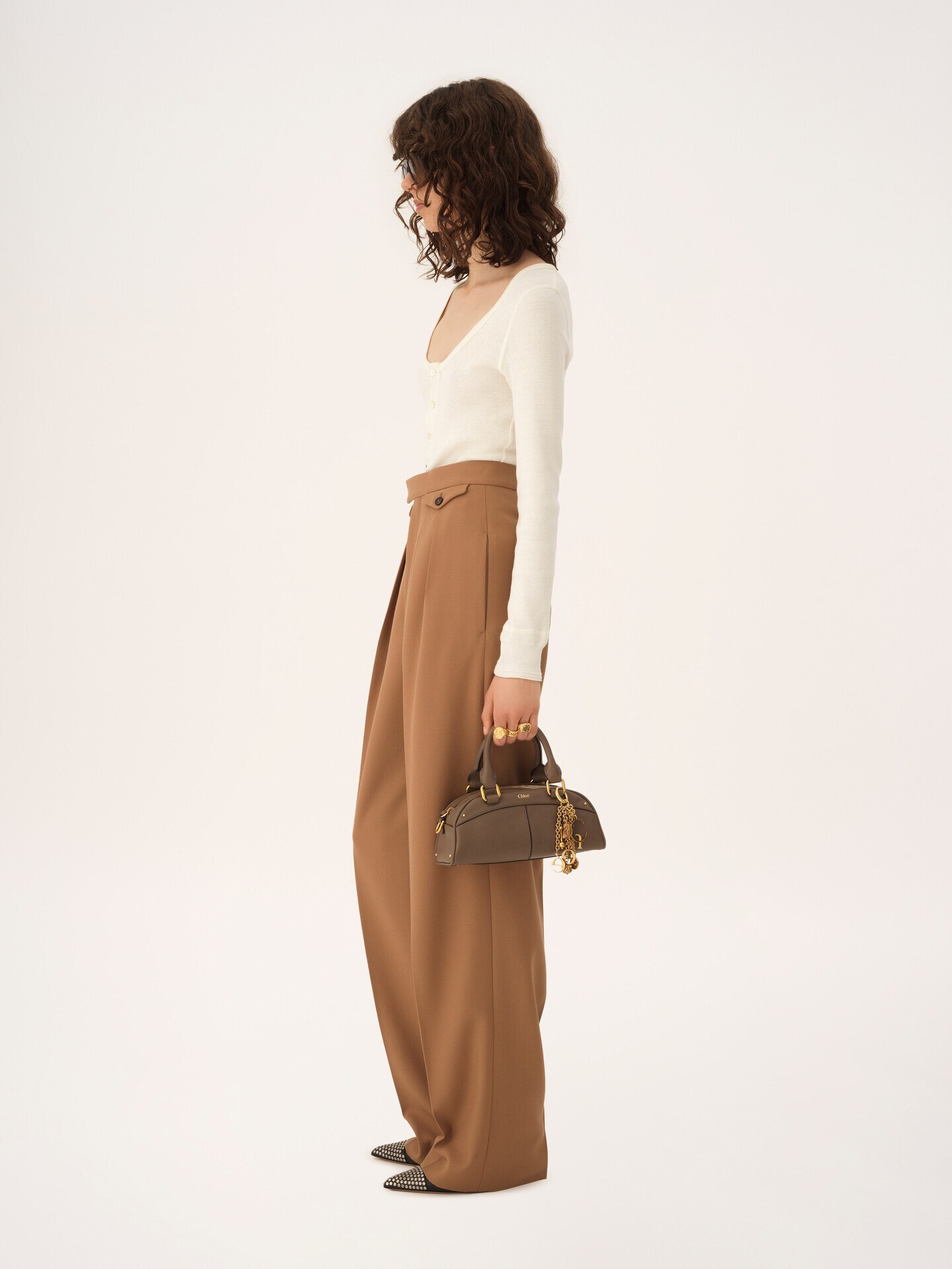 Pantalon taille haute fronc&eacute; en gabardine de laine - 6
