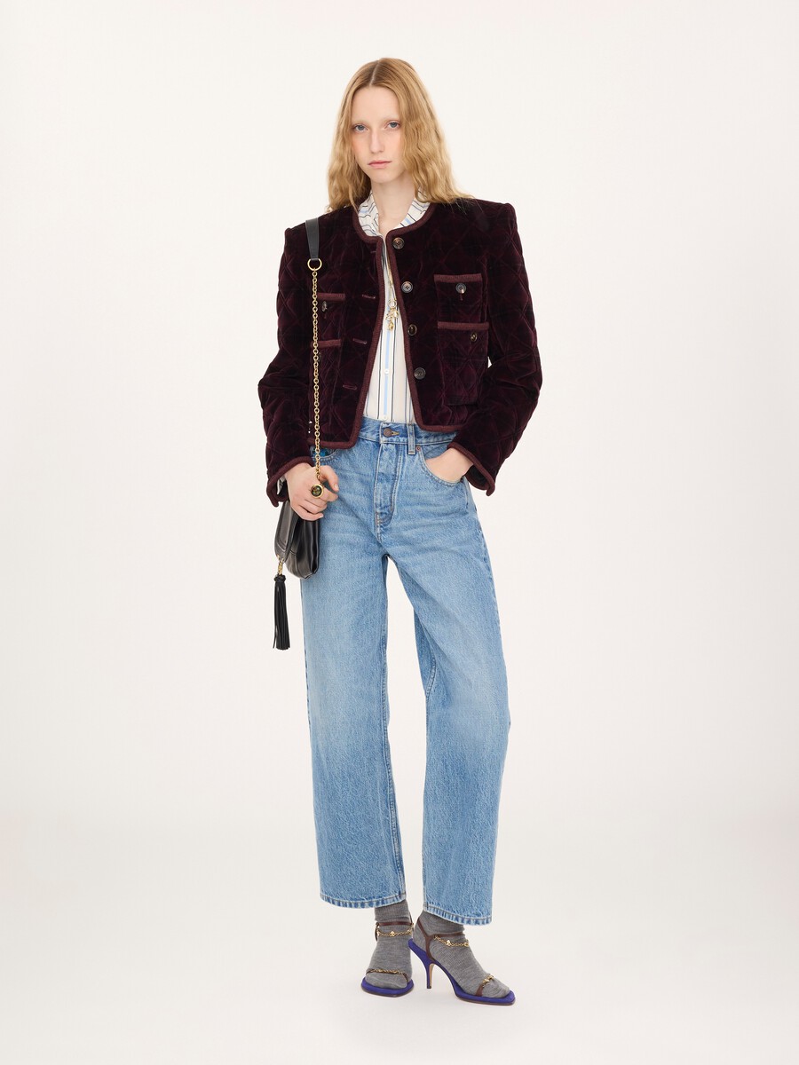 Boxy collarless jacket in check cotton - 1