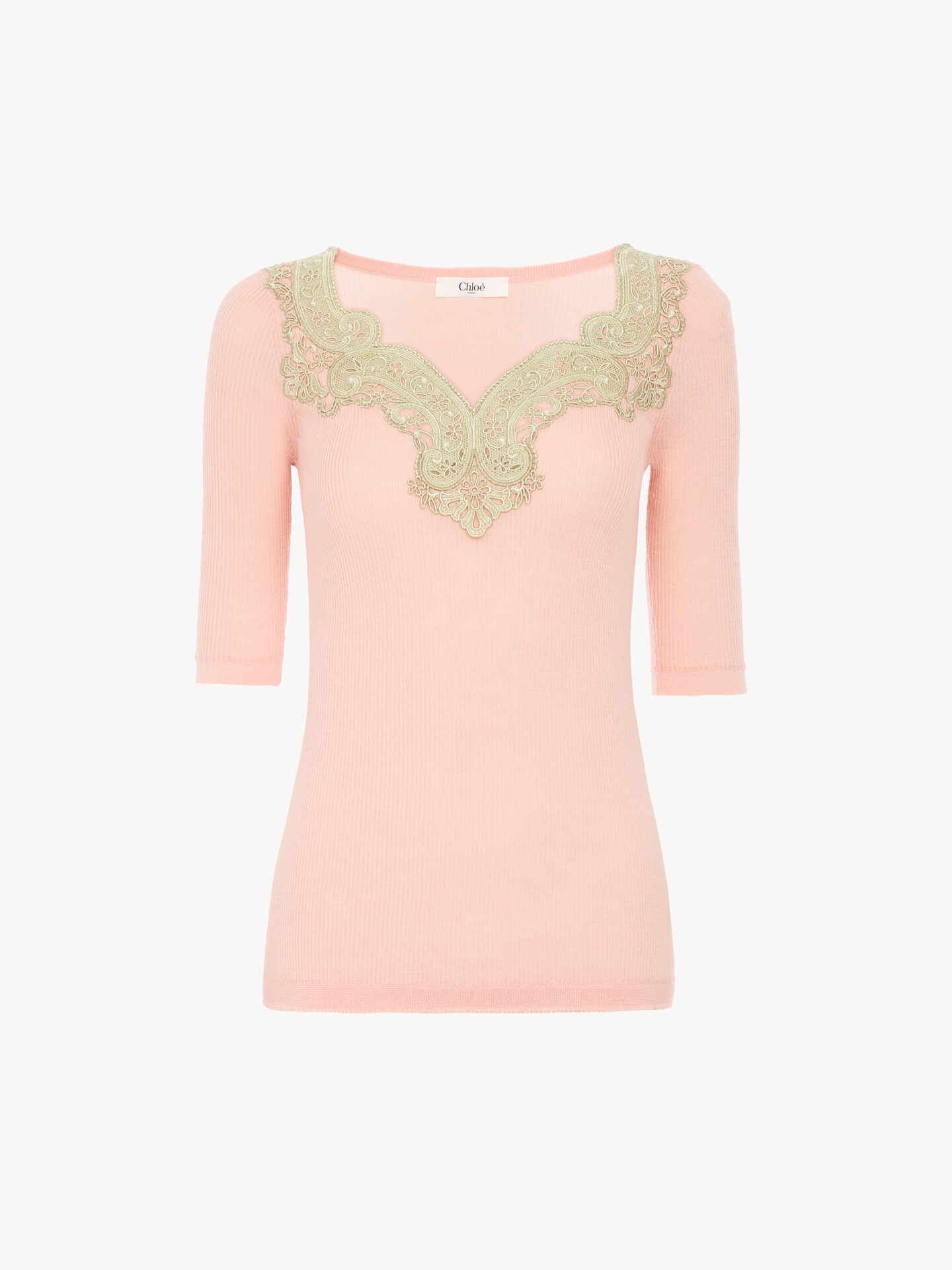 Pull manches coude ajust&eacute; en maille de laine et dentelle - 2