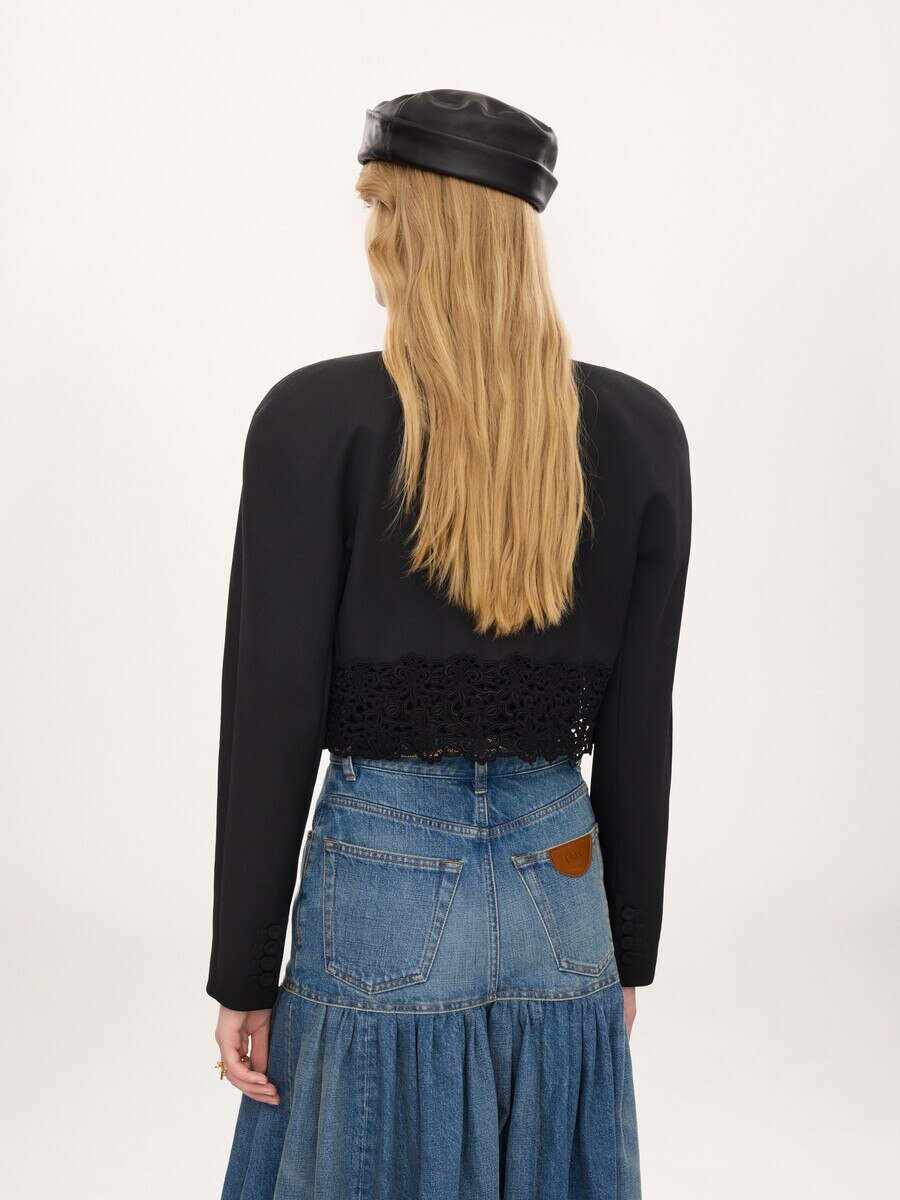 Collarless cropped jacket in wool grain de poudre & lace - 7