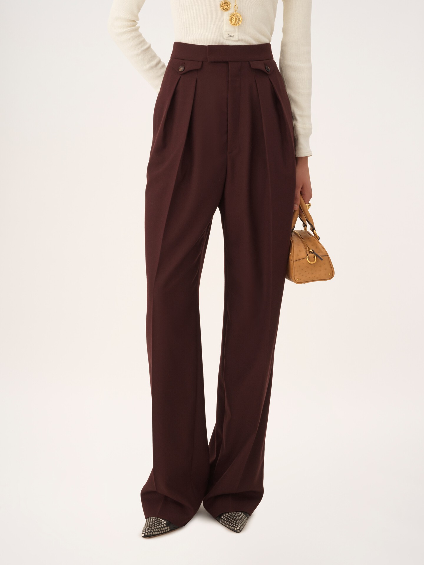Pantalon taille haute fronc&eacute; en gabardine de laine - 4