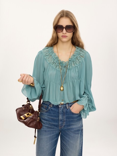 Scoop-neck cropped top in silk georgette & lace