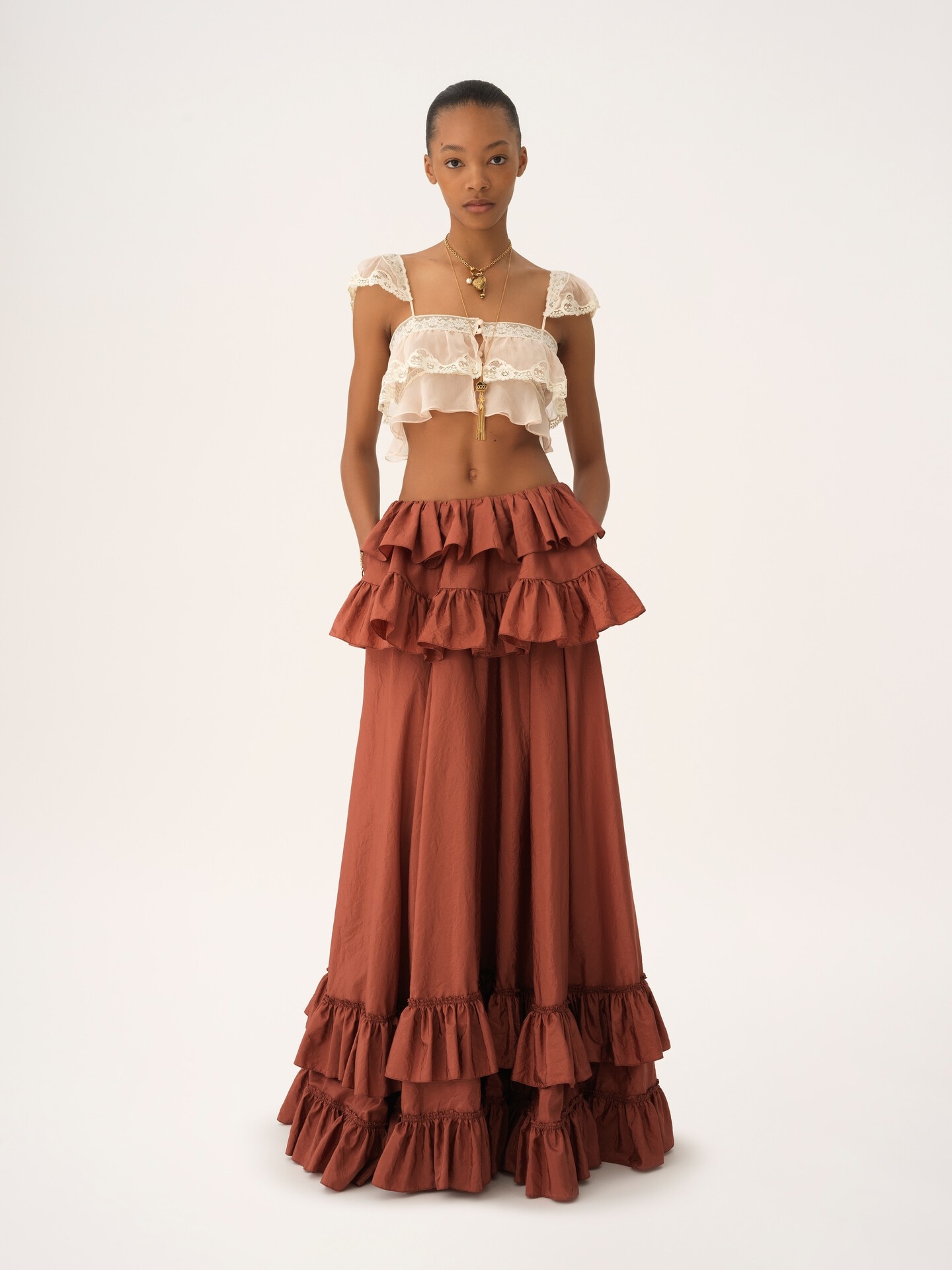 Jupe longue oversize &agrave; volants en taffetas de soie lav&eacute; - 3