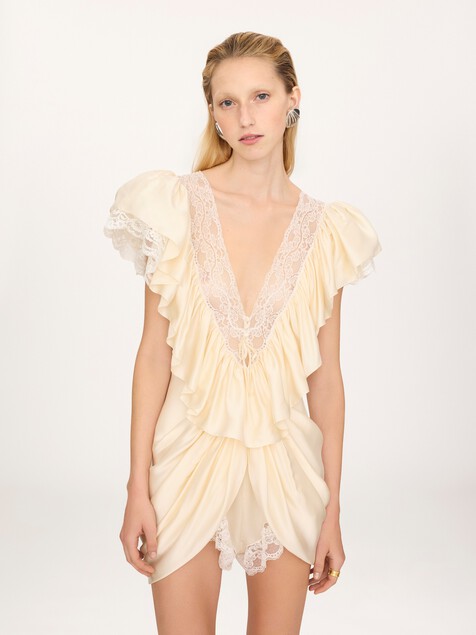 Short V-neck jumpsuit in washed silk satin & lace