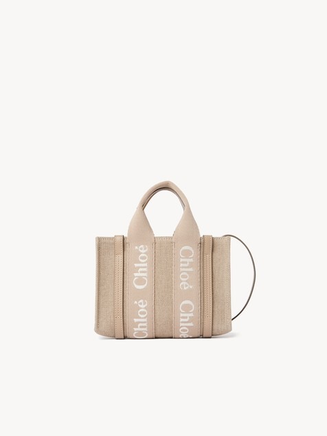 Mini Woody tote bag in linen & leather