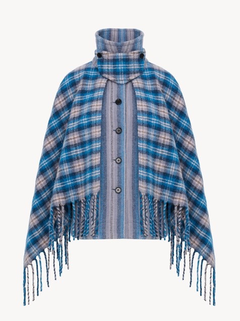 High-neck short cape coat in check wool & alpaca