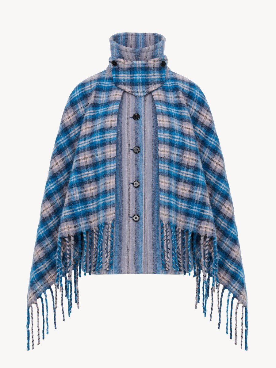 High-neck short cape coat in check wool & alpaca - 2
