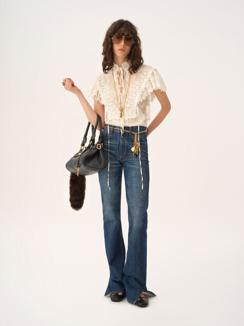 High-neck cropped top in cotton tulle & lace