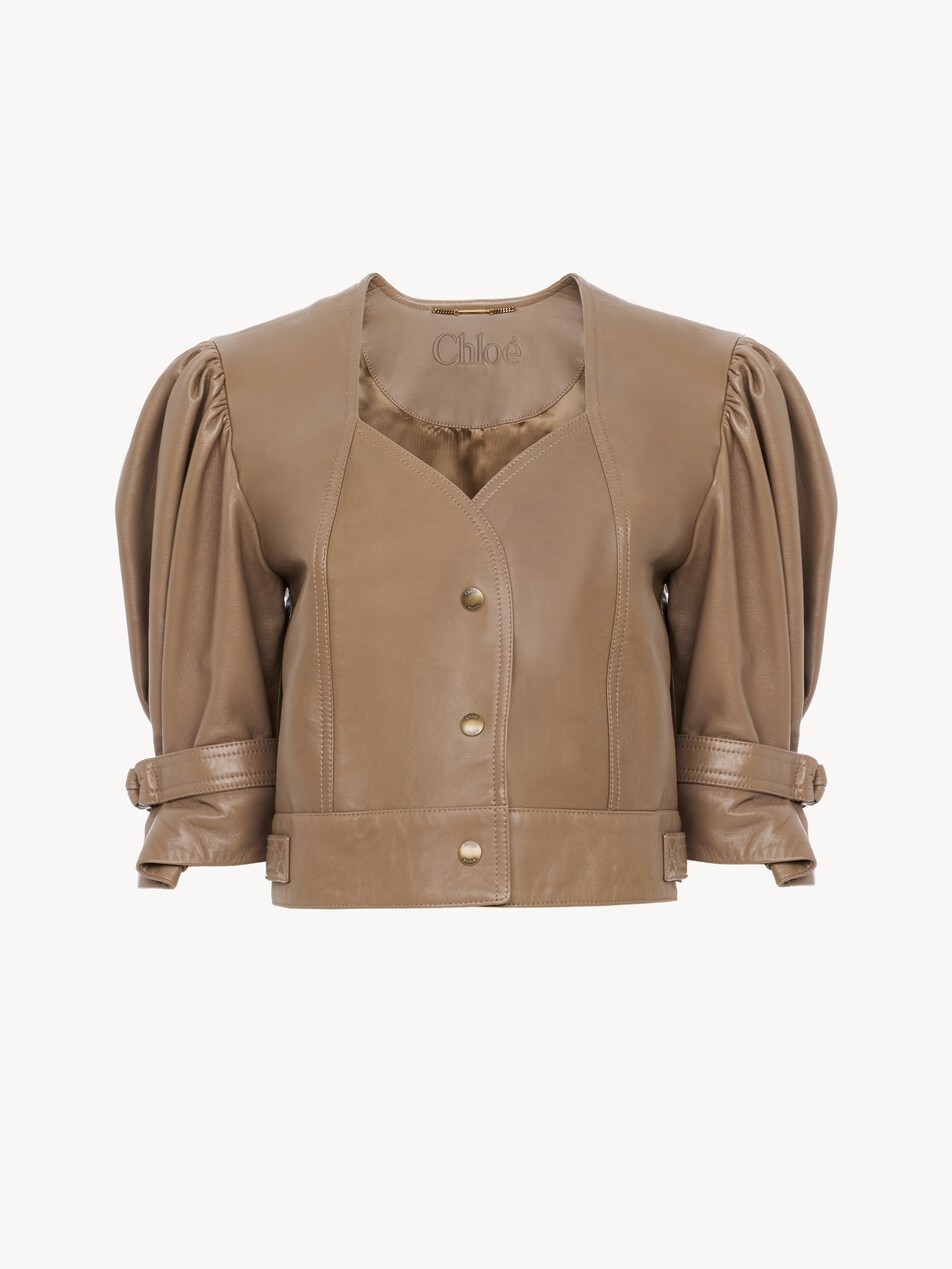 Cropped puff-sleeve leather jacket