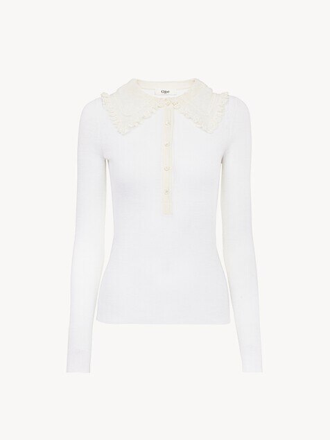Pull henley &agrave; col en maille de laine extrafine et dentelle