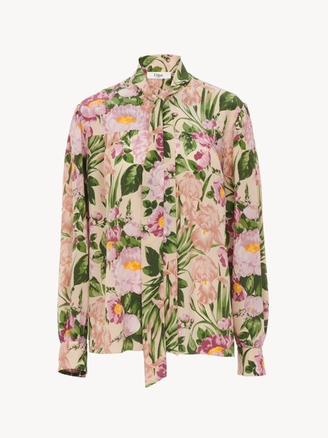 Maxi gathered lavalli&egrave;re blouse in cr&ecirc;pe de chine