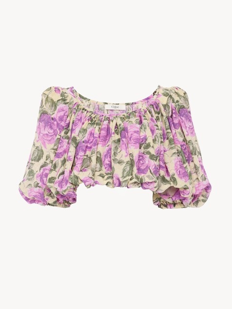 Cropped puff-sleeve top in silk jacquard