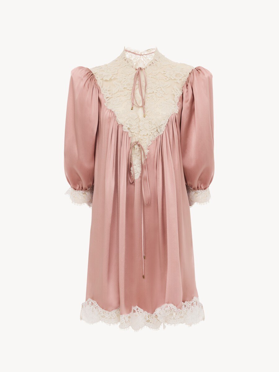 Gathered V-neck mini dress in washed silk satin & lace - 1