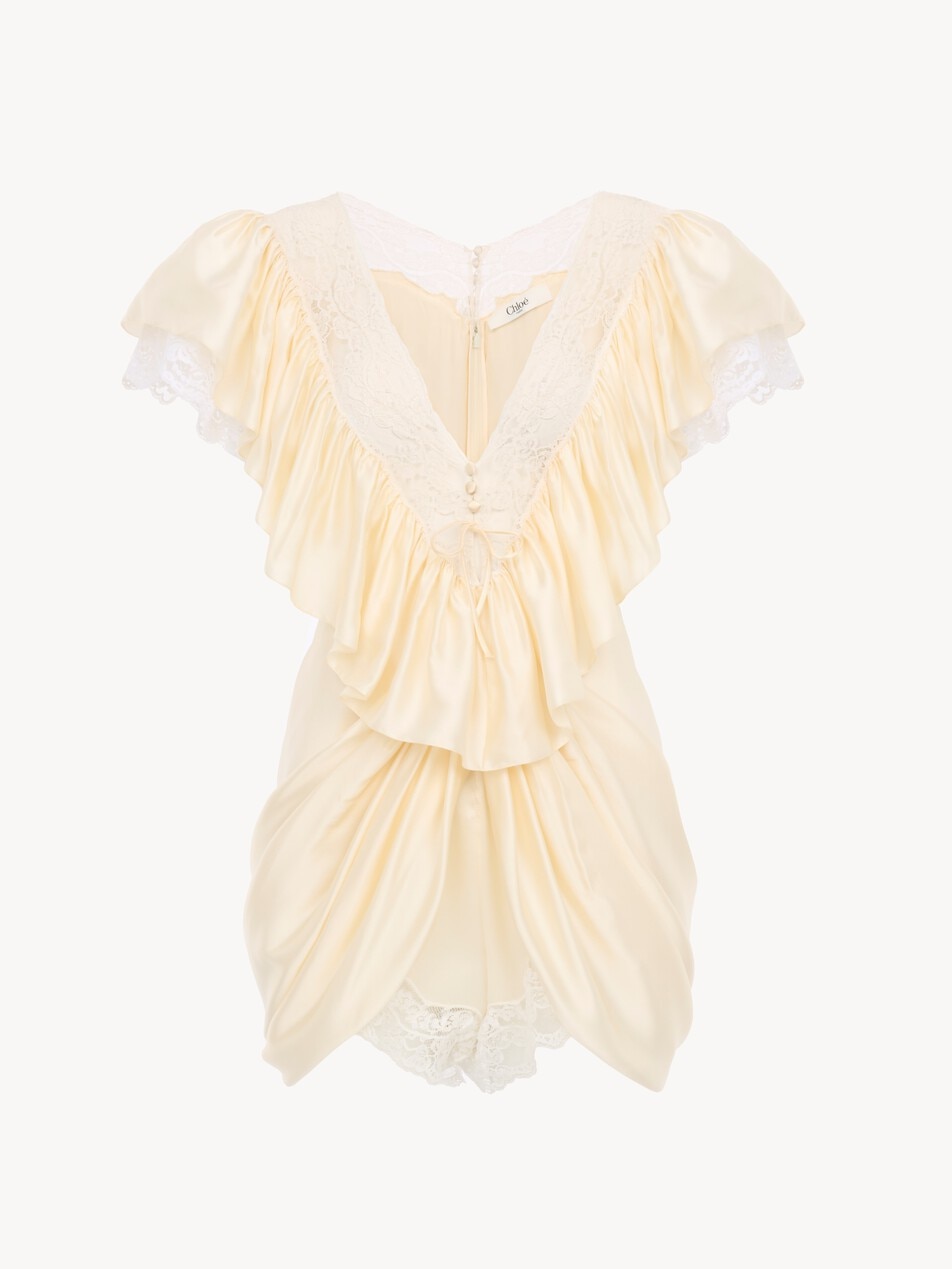 V-neck short jumpsuit in washed silk satin & lace - Packshot