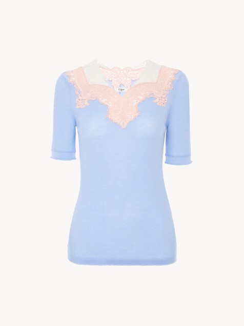 Elbow-sleeve fitted sweater in a wool knit & lace