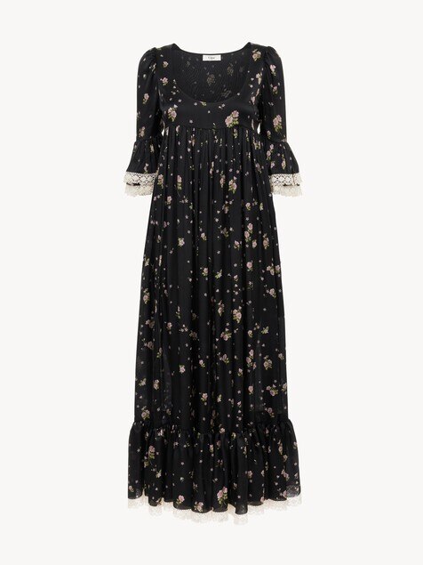 Scoop-neck midi dress in silk charmeuse & lace