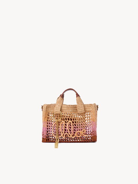 Small Summer Banana east-west tote bag with strap in raffia