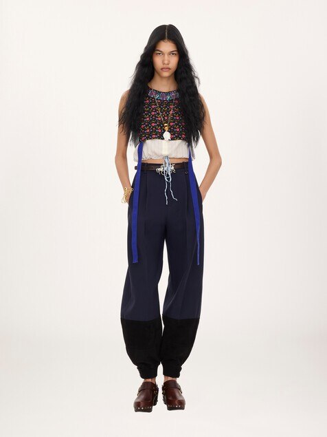 High-rise barrel pants in wool cr&ecirc;pe & suede leather