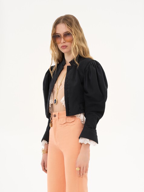 Puff-sleeve cropped jacket in silk faille