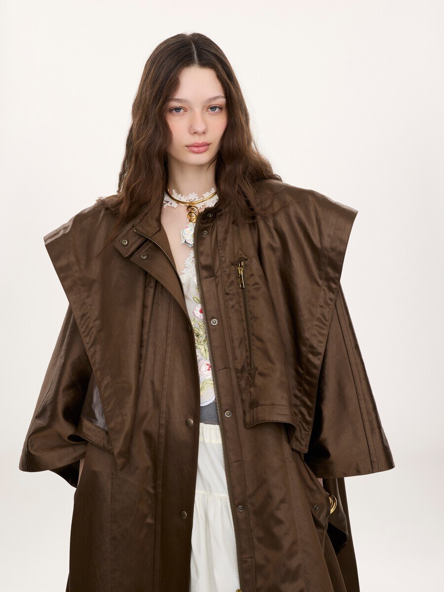 Hooded long cape coat in satin - 8