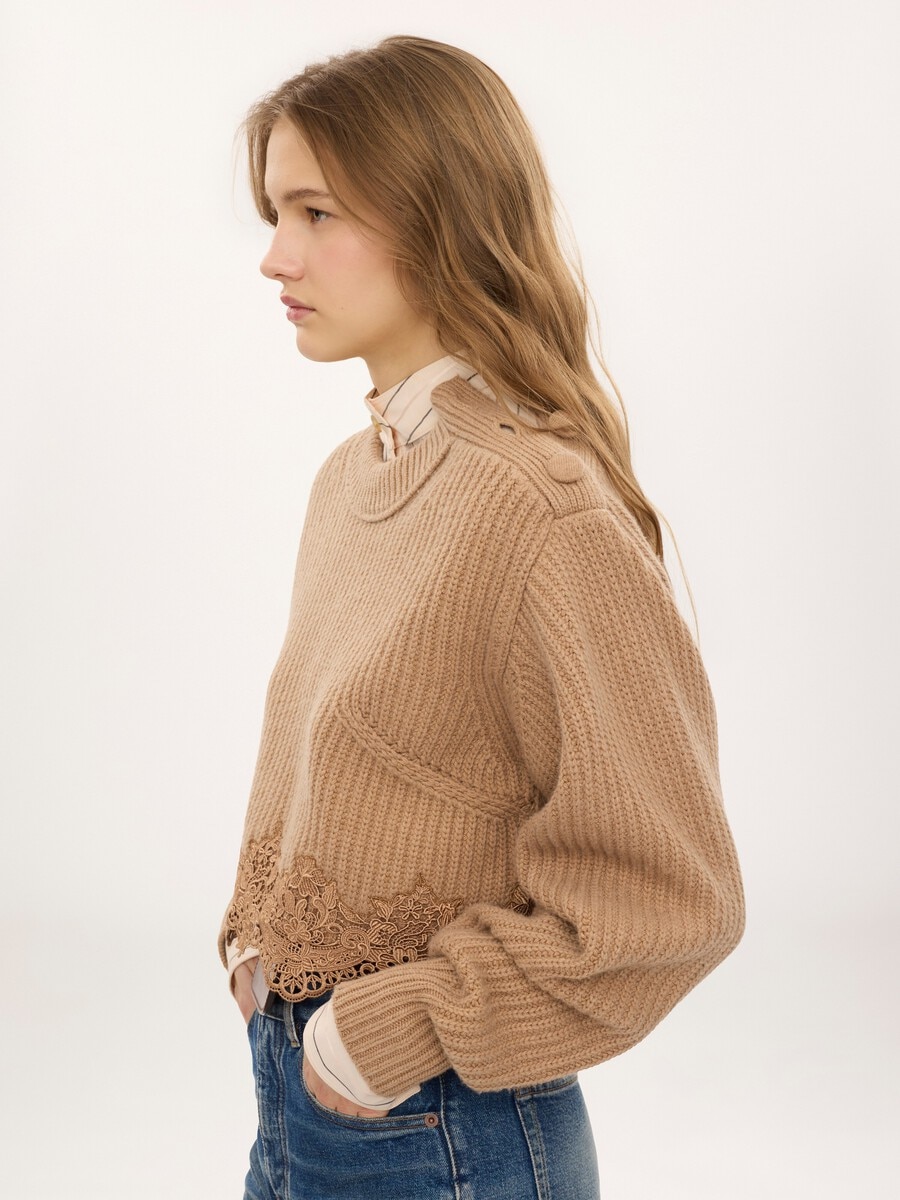 Cropped mock-neck jumper in a wool and cashmere knit & lace - 5