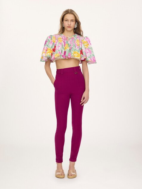Pantalon taille haute ajust&eacute; en tricotine stretch