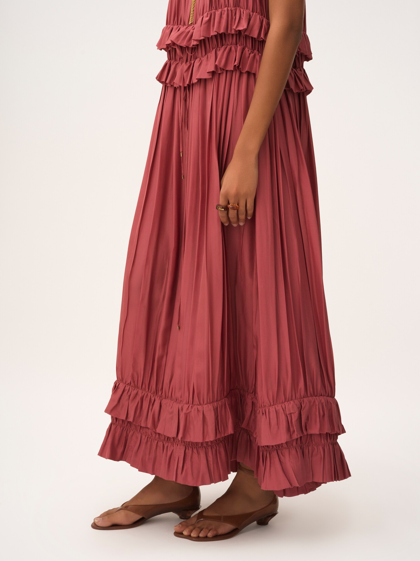 Sleeveless long dress in washed silk pong&eacute; - 7
