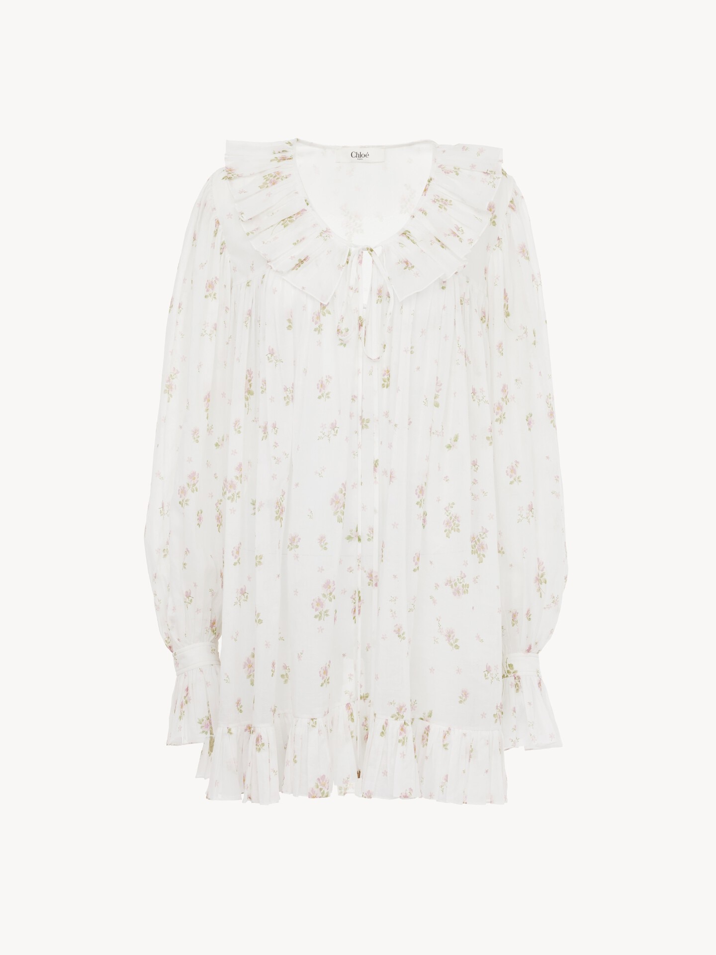 Gathered long-sleeve mini dress in cotton voile - 2