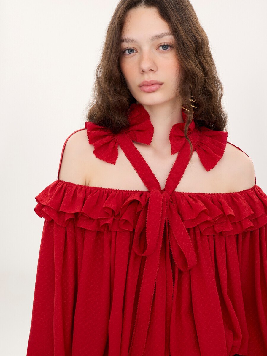 Cut-out ruffle top in silk jacquard - 10