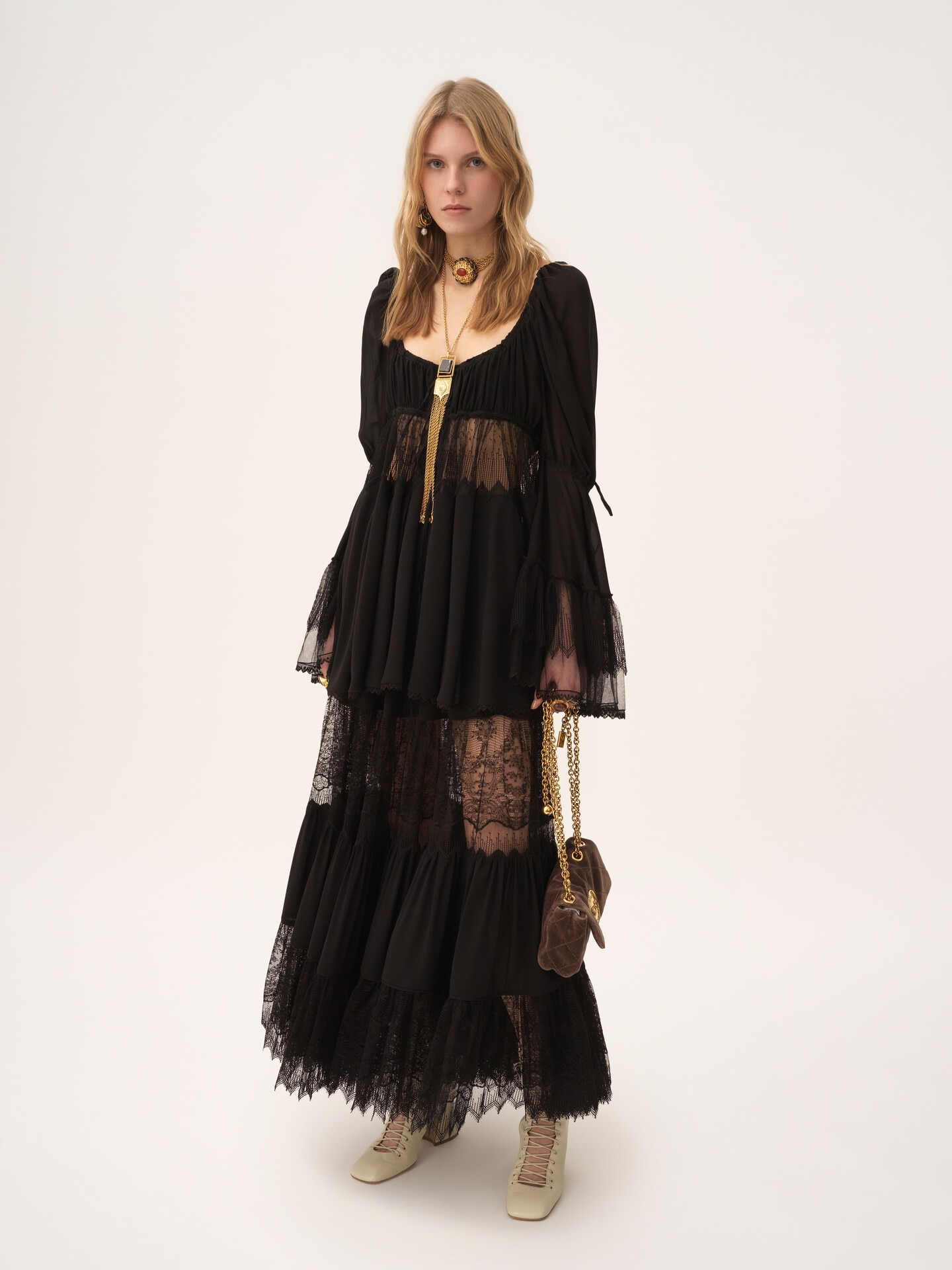 Tiered long skirt in silk georgette & lace - 5