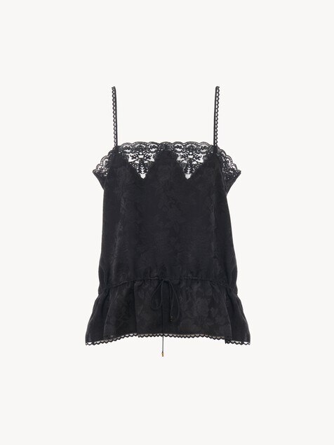 Drawstring camisole top in silk jacquard & lace