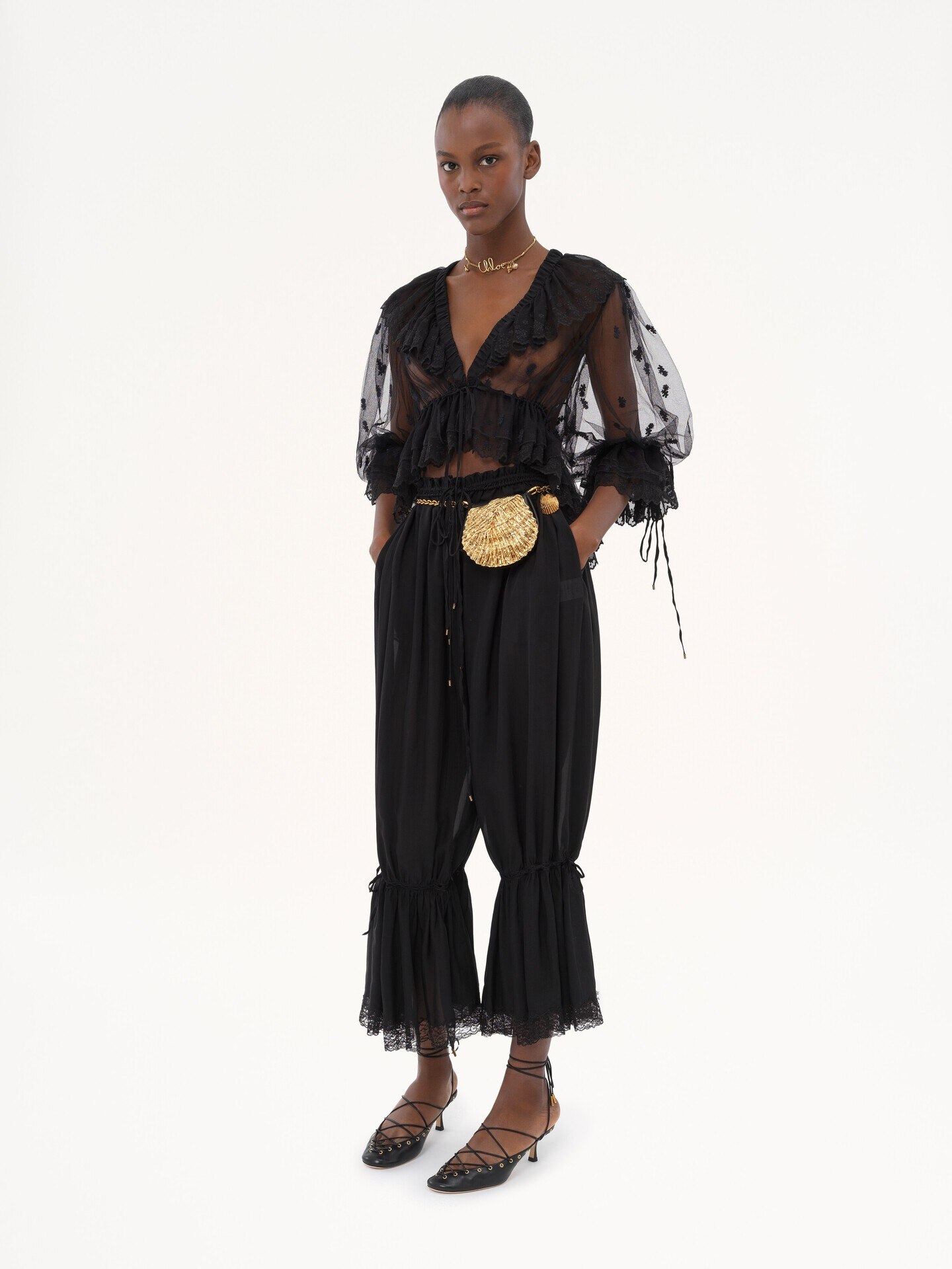 V-neck ruffle top in embroidered lace - 3