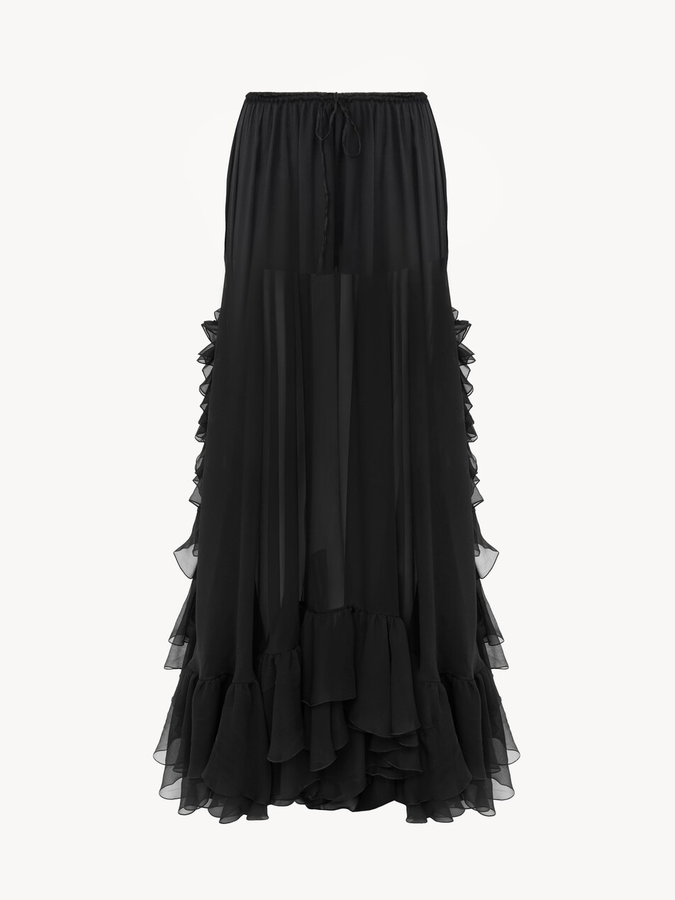 Ruffled long skirt in silk mousseline