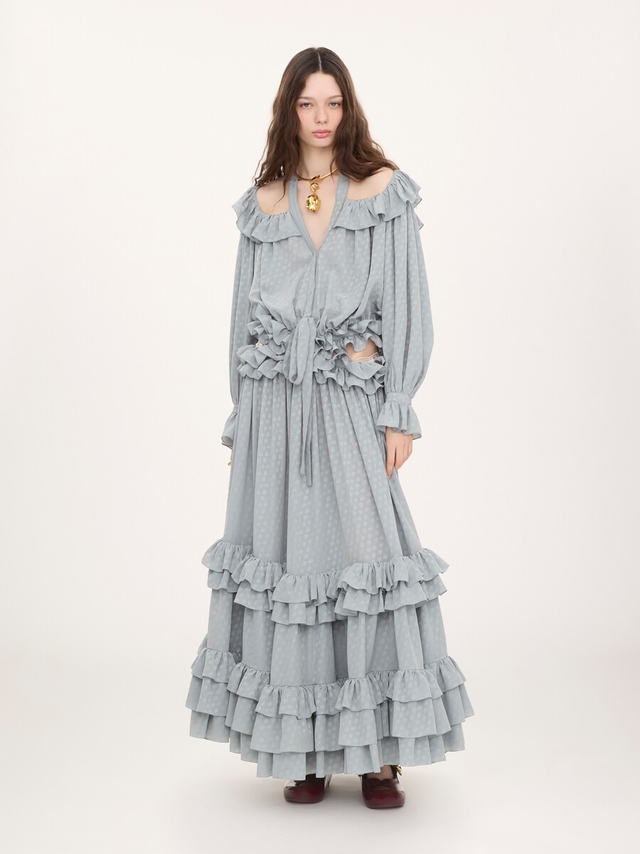 Long cut-out ruffled dress in silk jacquard - 1